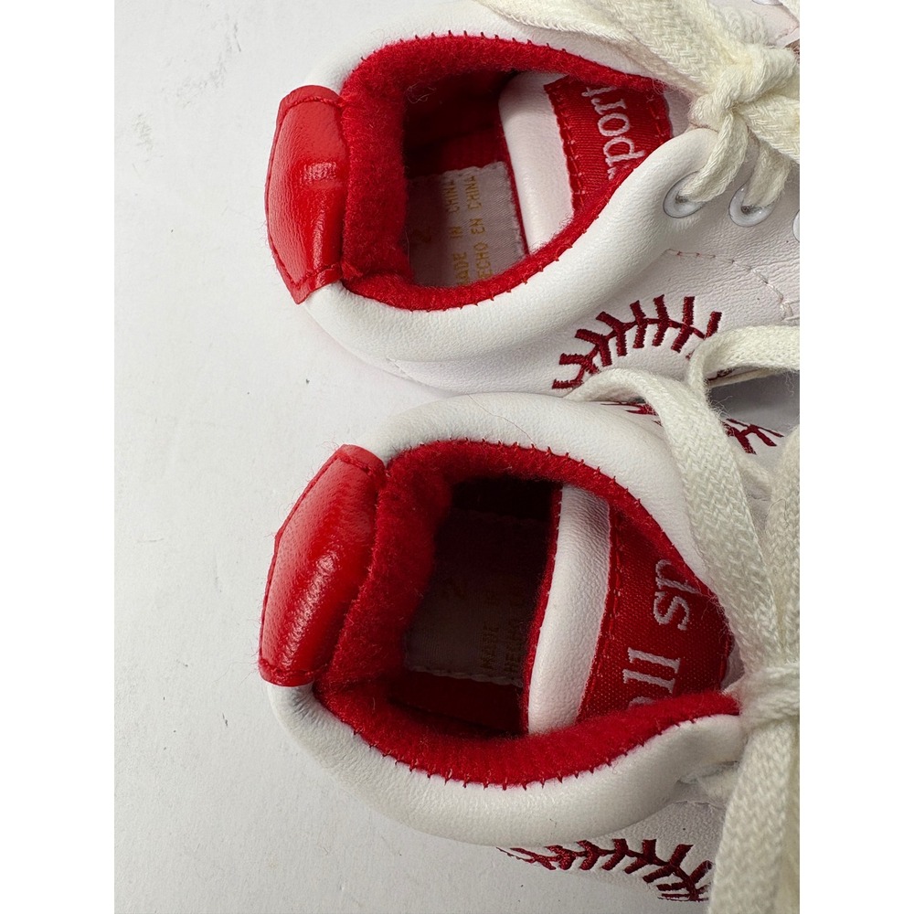 All Sport Baby Baseball Crib Shoes‎ White Red Lace Up Soft Sole Size 2 - Picture 3 of 6